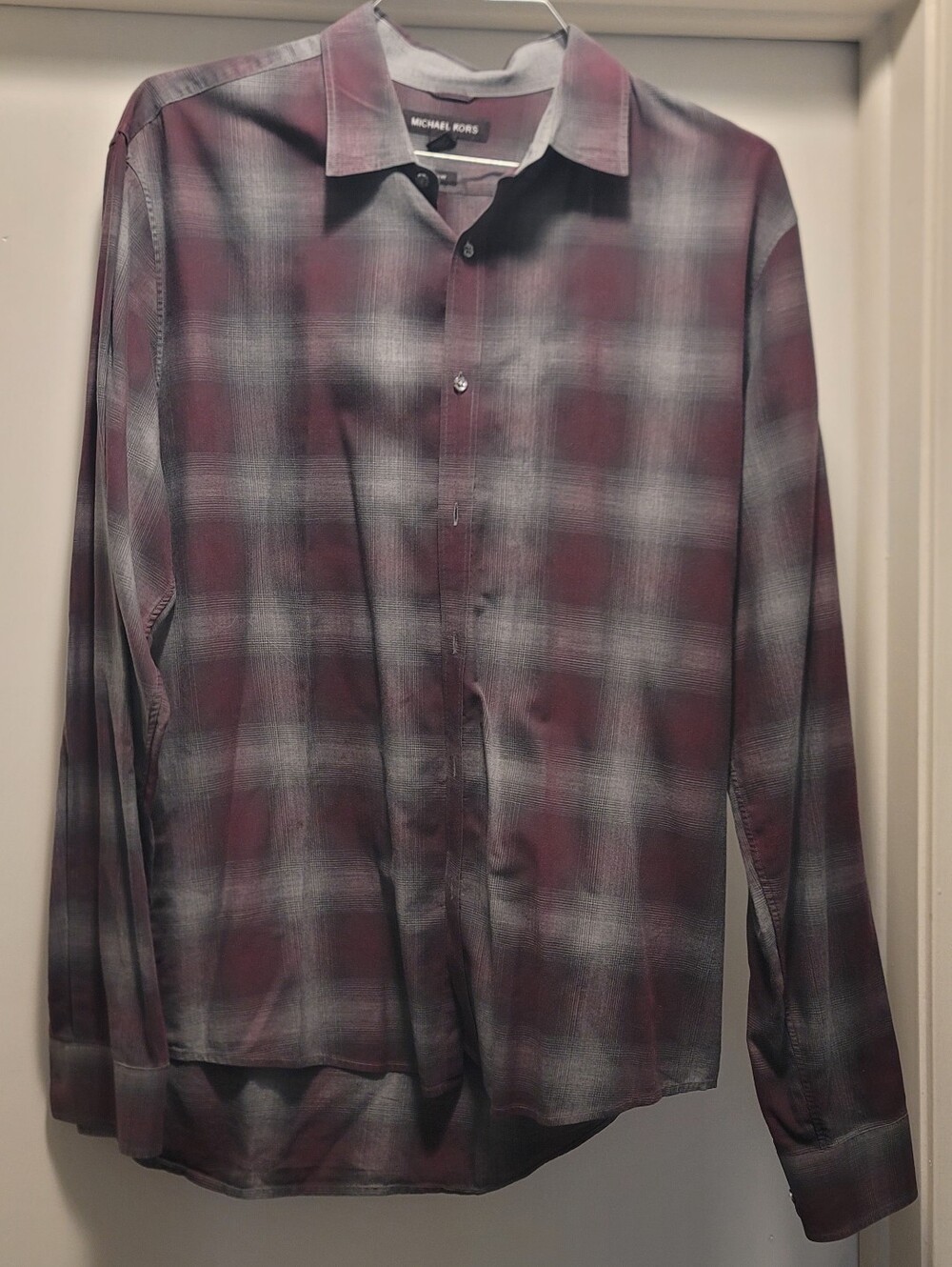 Michael Kors Men's Burgundy Plaid Button-Up Shirt XL